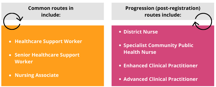 Common routes in include: 1 - Healthcare Support Worker, 2 - Senior Healthcare Support Worker, 3 - Nursing Associate. Progression (post-registration) routes include: 1- District nurse, Specialist Community Public Health Nurse, Enhanced Clinical Practitioner, Advanced Clinical Practitioner. 