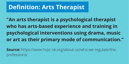 Arts Therapist definition which can be found here https://www.hcpc-uk.org/about-us/who-we-regulate/the-professions/