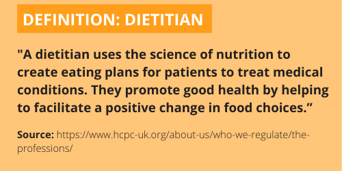 Dietitian definition which can be found here: https://www.hcpc-uk.org/about-us/who-we-regulate/the-professions/