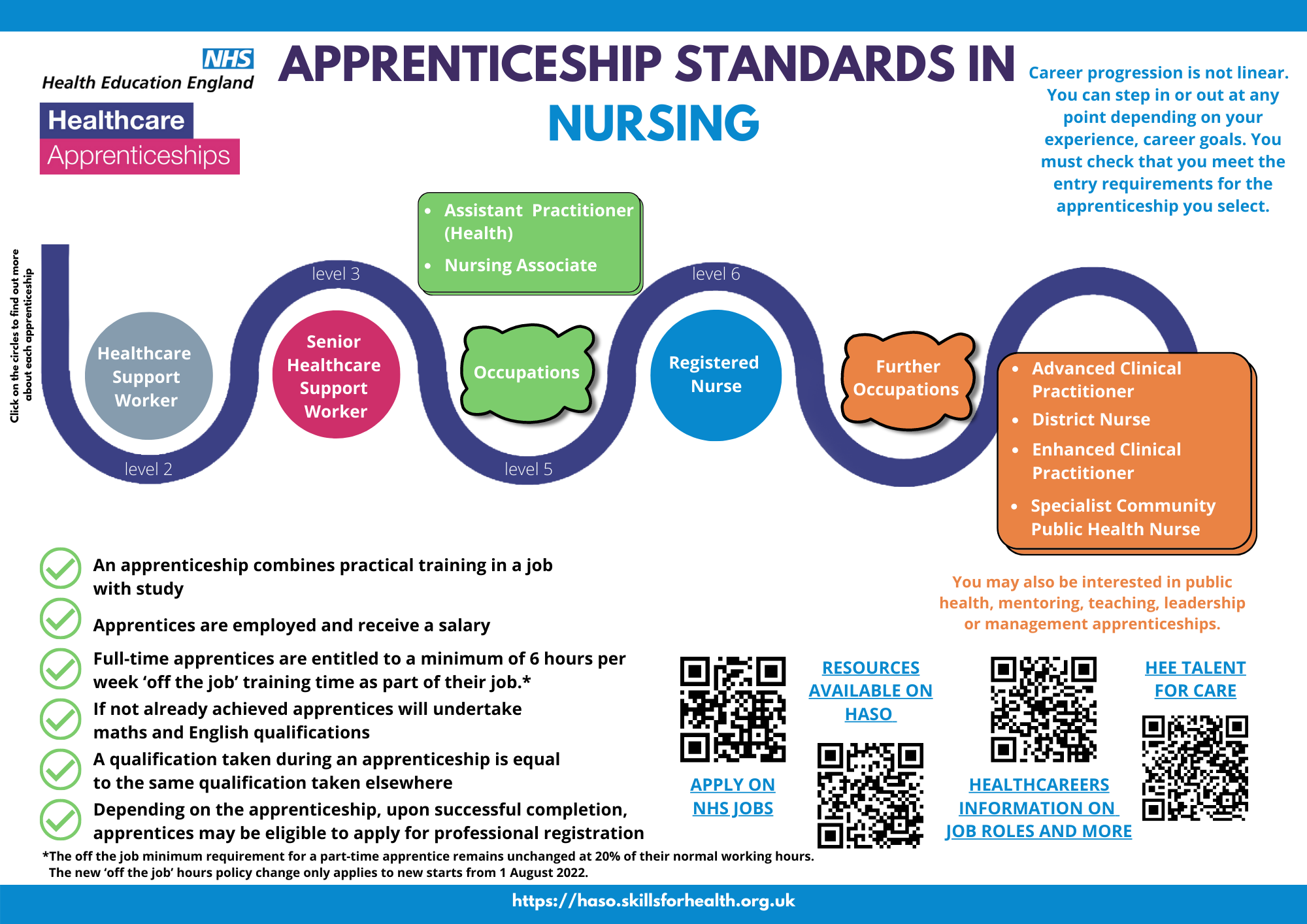 Nursing Apprenticeship Factsheet which shows the relevant apprenticeships. This information can also be found on the nursing page: https://haso.skillsforhealth.org.uk/nursing/
