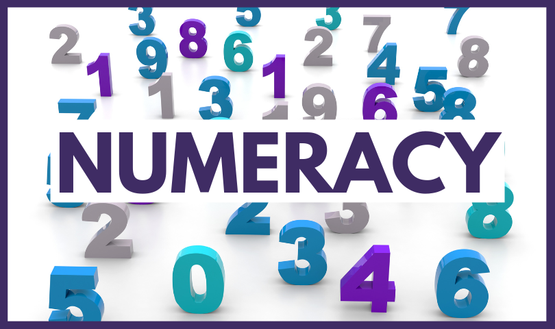 Image with numeracy written on it with numbers written in the background. 
