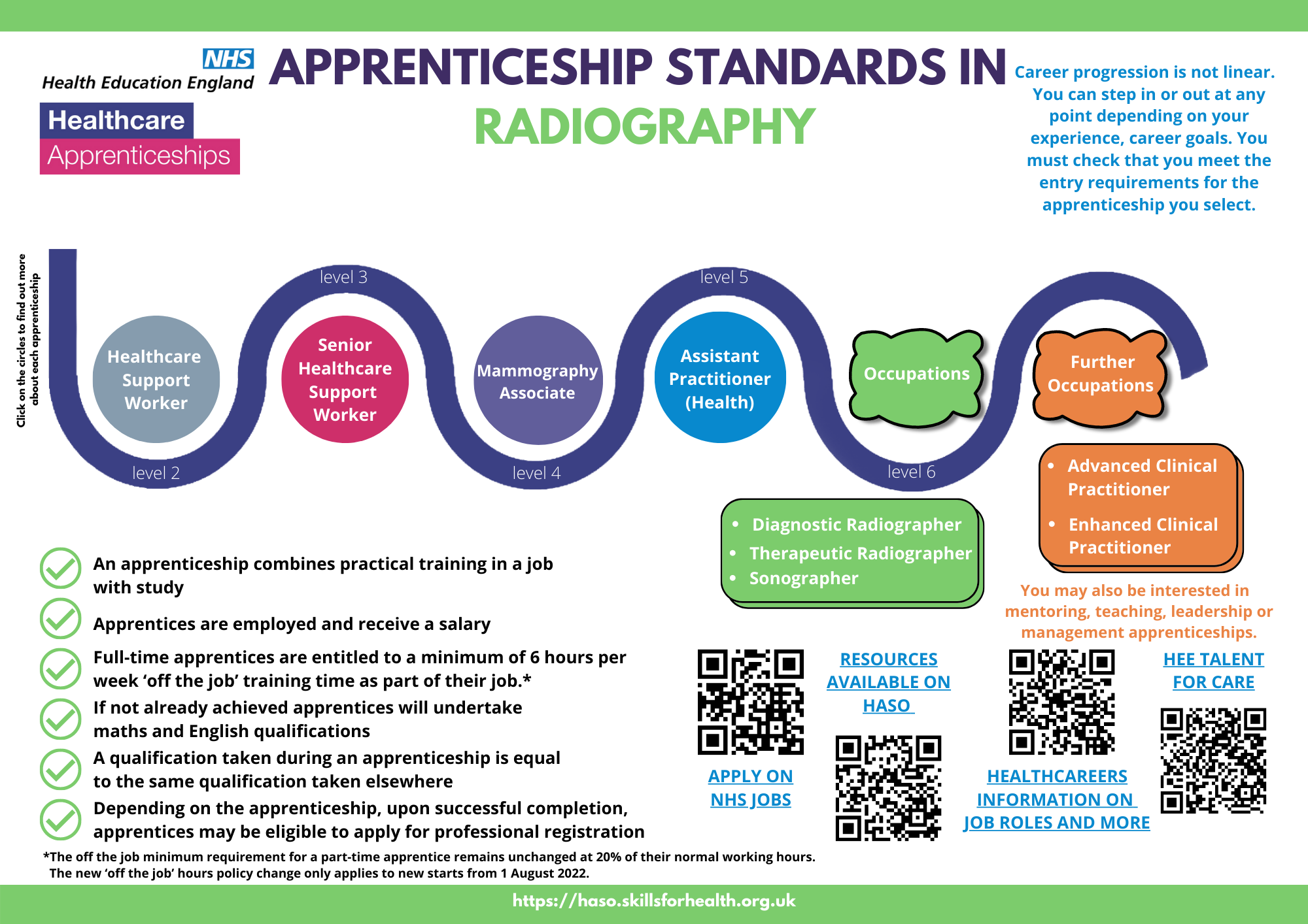 Radiography apprenticeship standards factsheet which shows an overview of apprenticeships in this area. The radiography page, https://haso.skillsforhealth.org.uk/radiography/, also shows these apprenticeships. 